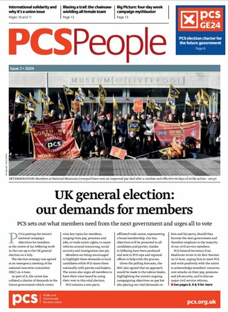 Front cover of PCS People showing a photo of the PCS strikers outside the Museum of Liverpool